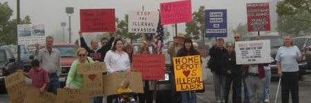 Protesters in the parking lot in front of Home Depot